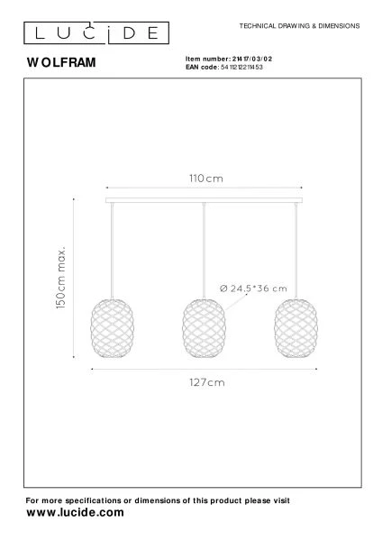 Lucide WOLFRAM - Suspension - 3xE27 - Or Mat / Laiton - technique